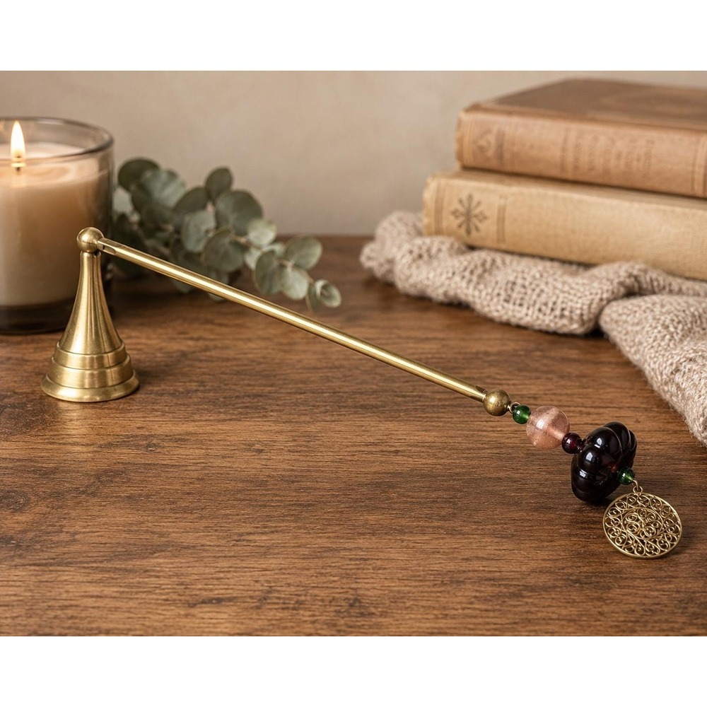 VTG Brass color Candle Snuffer with Art Glass Bead Dangle Fireplace Accessory